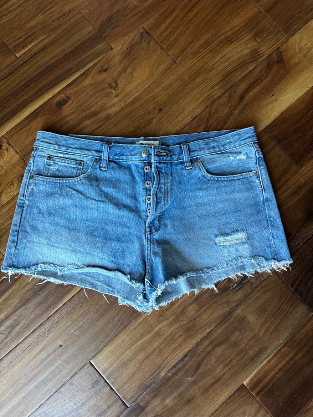 Madewell Light Blue Button-Front Distressed Denim Shorts